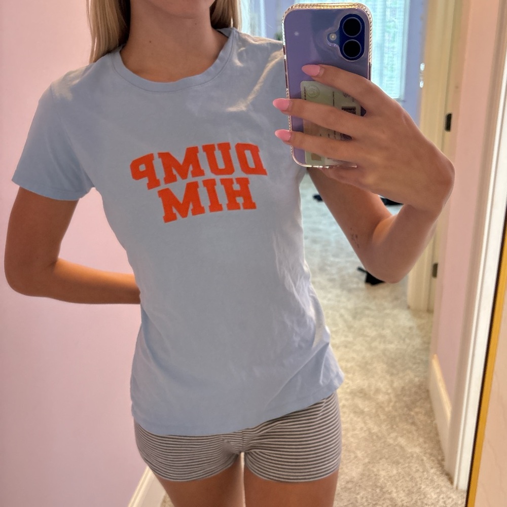 Light Blue Graphic Tee with Orange Text